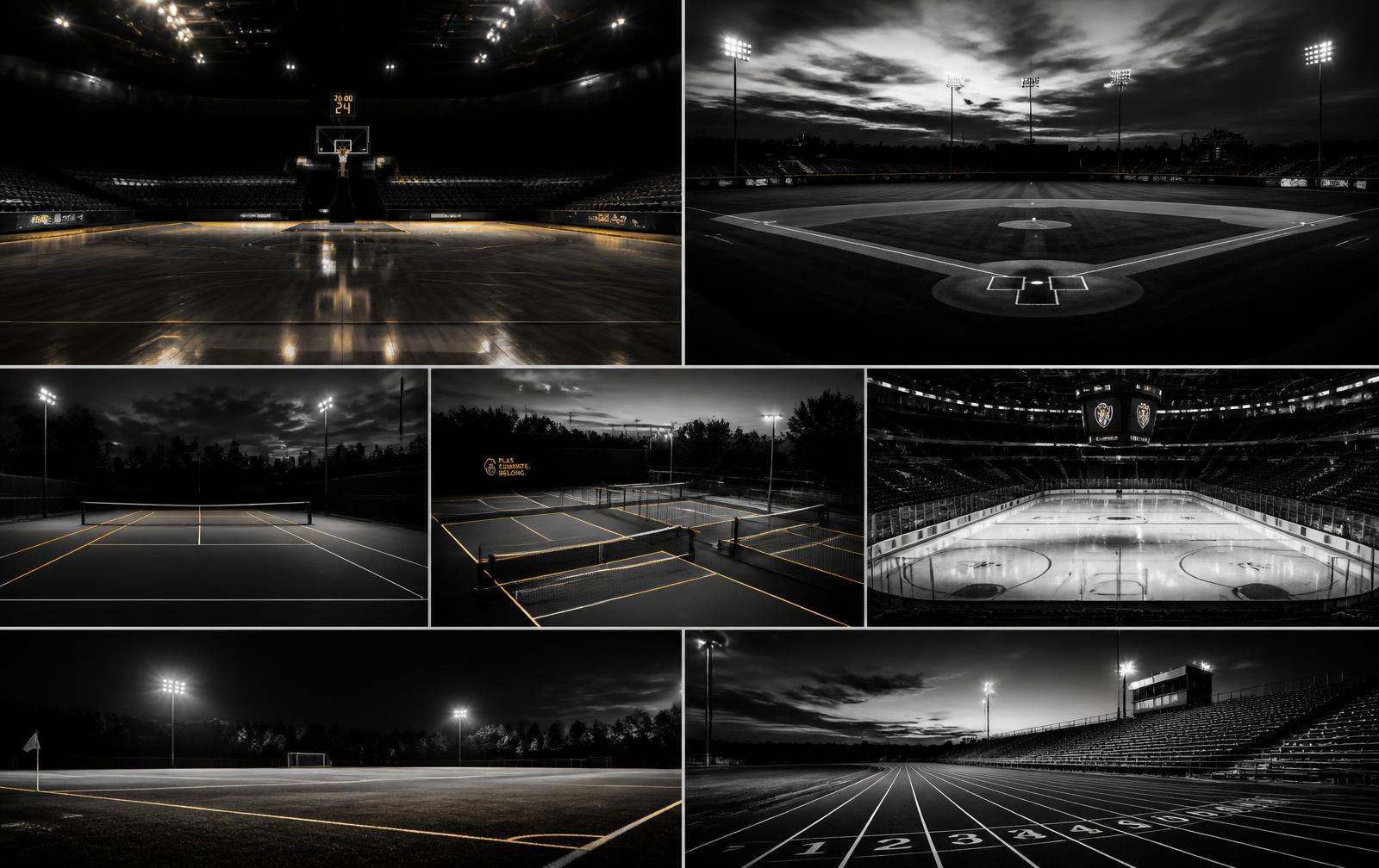Basketball arena, baseball diamond, tennis and pickleball courts, hockey rink, soccer pitch and track lit at dusk