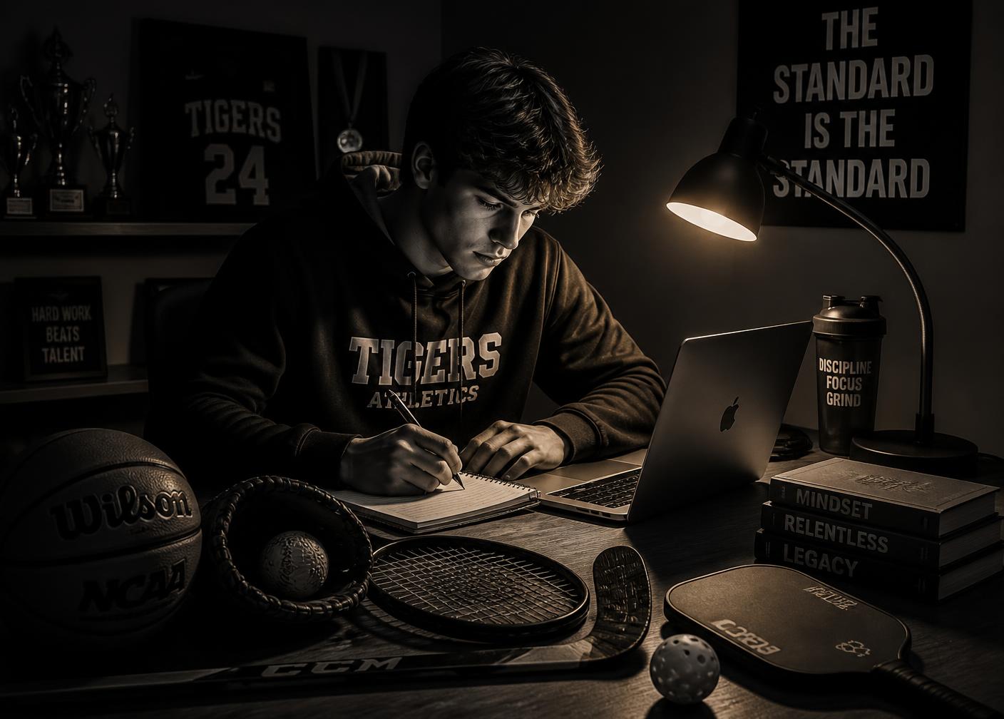 Student athlete studying with a laptop beside a basketball, baseball glove, tennis racquet, hockey stick and pickleball paddle