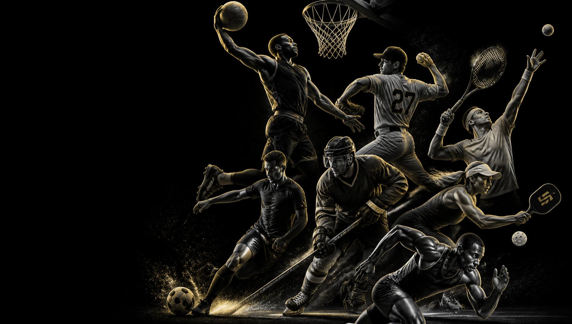 Basketball, baseball, tennis, pickleball, hockey, soccer and track athletes in dramatic black and white light